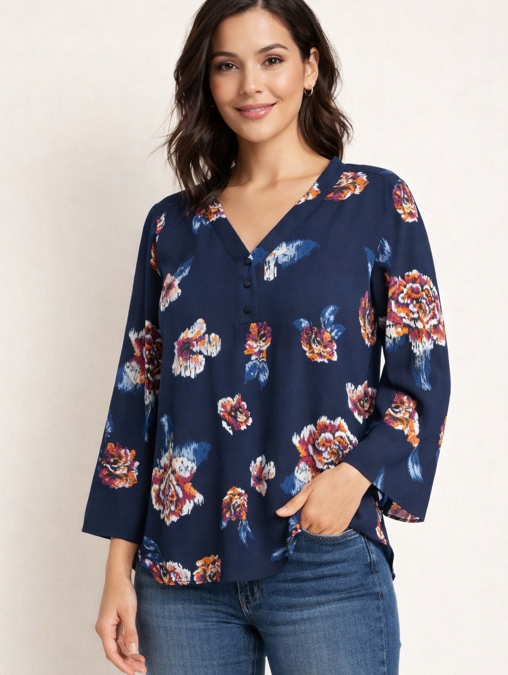 Van Heusen Women’s Large Navy Floral Blouse 3/4 Sleeve V Neck Button Front Work